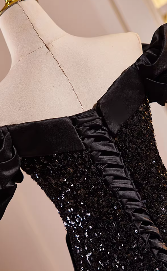 Delicate Ruffled Off-Shoulder Black Mermaid Sweet 16th Dresses Sequins Prom Dress AP5560