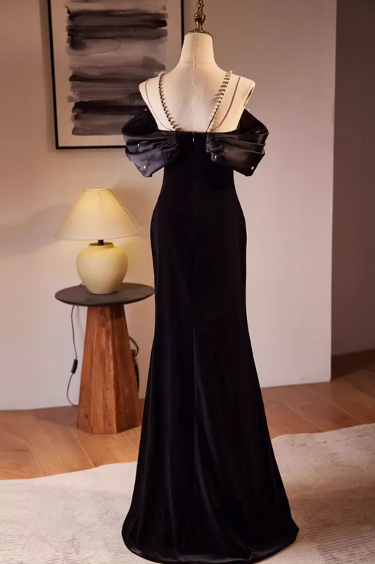 Gothic-Style Off-Shoulder Mermaid Sweet 16th Dresses Pearls Black Prom Dress AP5564