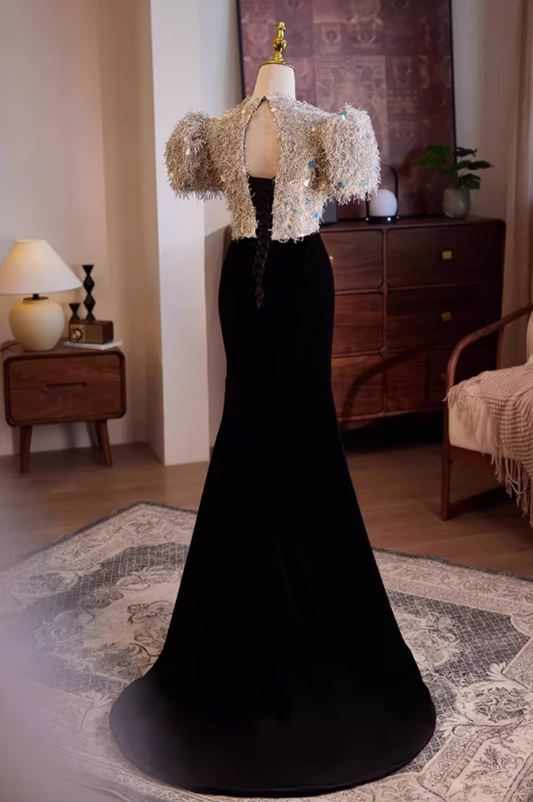 New Tendency Strapless Mermaid Evening Dresses Sequins Puff Short Sleeve Prom Dress AP5569