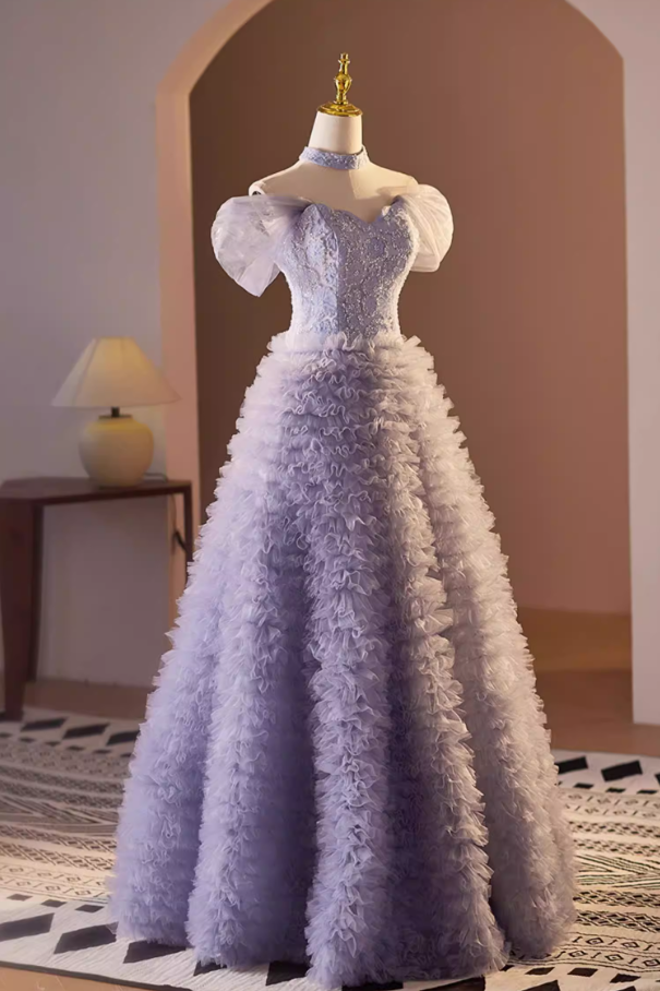 Fairy A-Line Off-Shoulder Tiered Sweet 16th Dresses Sequins Beading Floral Ruffled Tulle Prom Dress AP5570