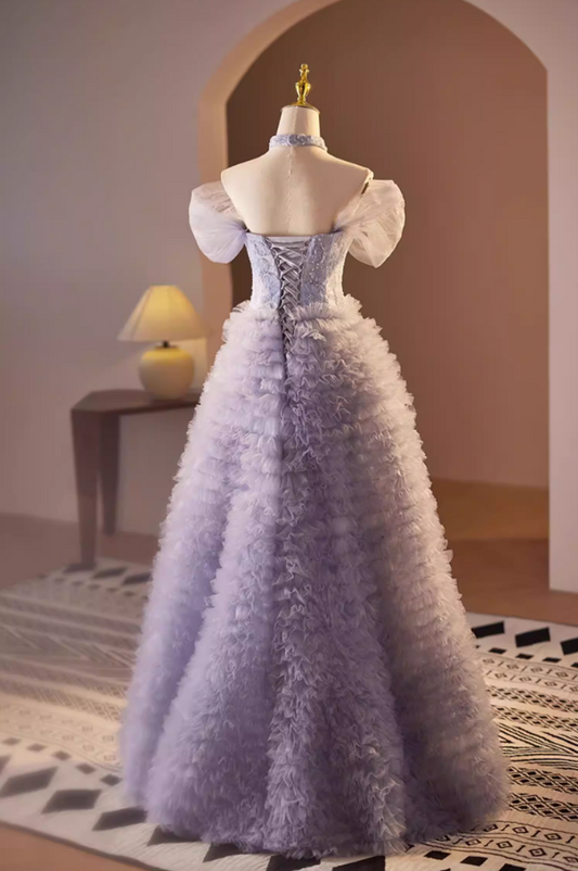 Fairy A-Line Off-Shoulder Tiered Sweet 16th Dresses Sequins Beading Floral Ruffled Tulle Prom Dress AP5570