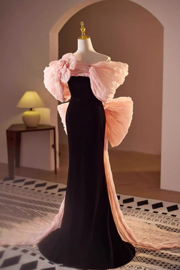 Exquisite Off-Shoulder Black Mermaid Sweet 16th Dresses Bow Train Handmade Flower Prom Dress AP5571