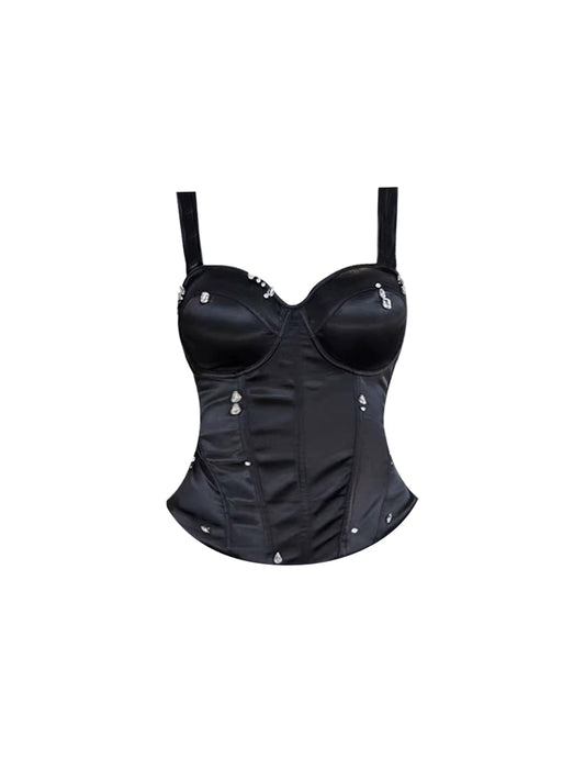 Everyday Wear Spaghetti Strap Corset Puff Mini Skirt Chic Black Two-Piece Crystals Accent A-Line Short Dress AP5572