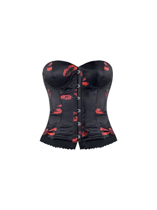 Lovely Lip-Print Lace Trim Bodycon Leather Twist Mini Skirt Edgy Black Two-Piece Strapless Corset 2-Piece Short Dress AP5573