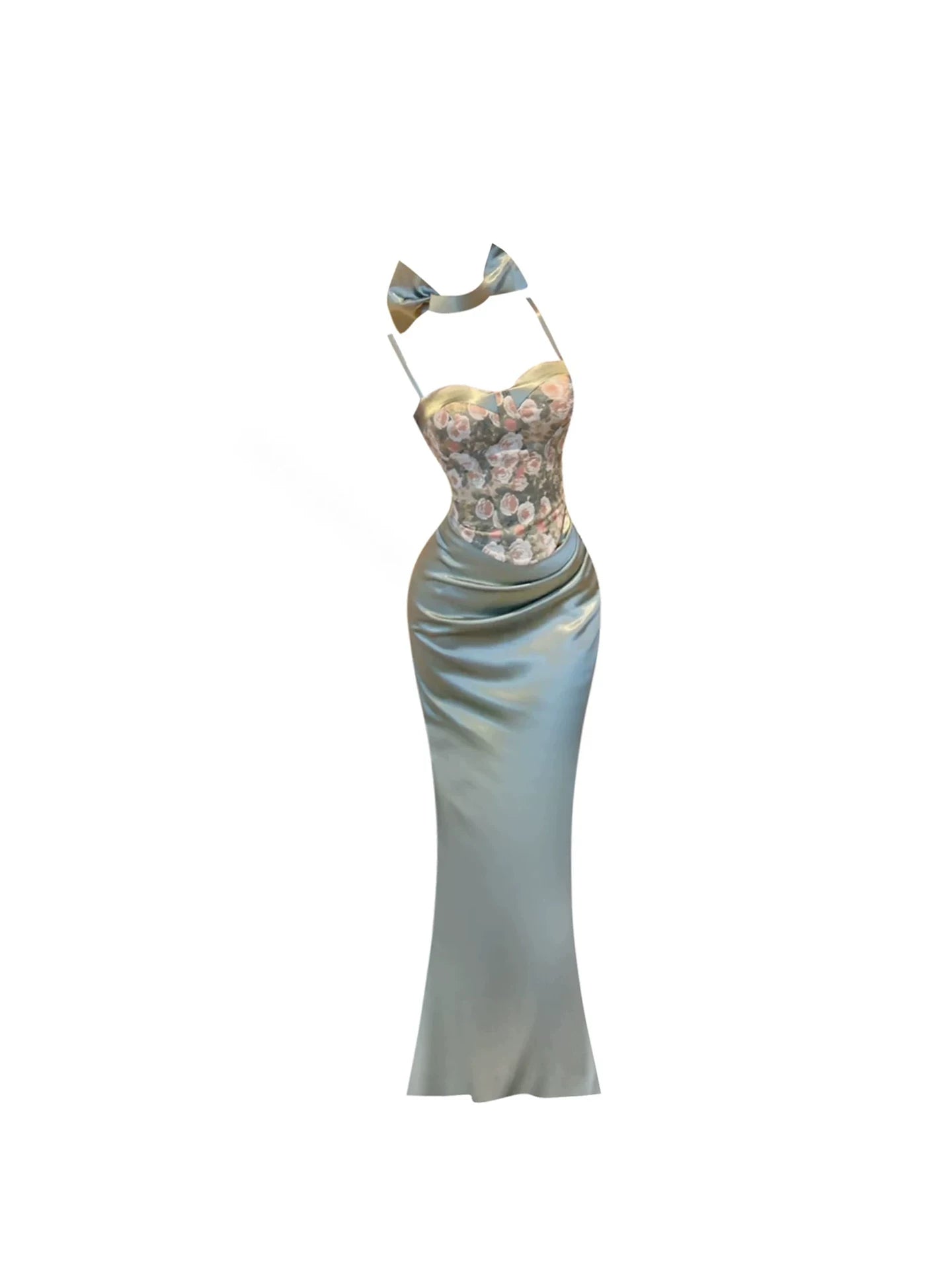 Beautiful Floral Spaghetti Strap Top 2-Piece Maxi Skirt Chic Dusty Green Bow Detail Satin Mermaid Long Dress AP5575