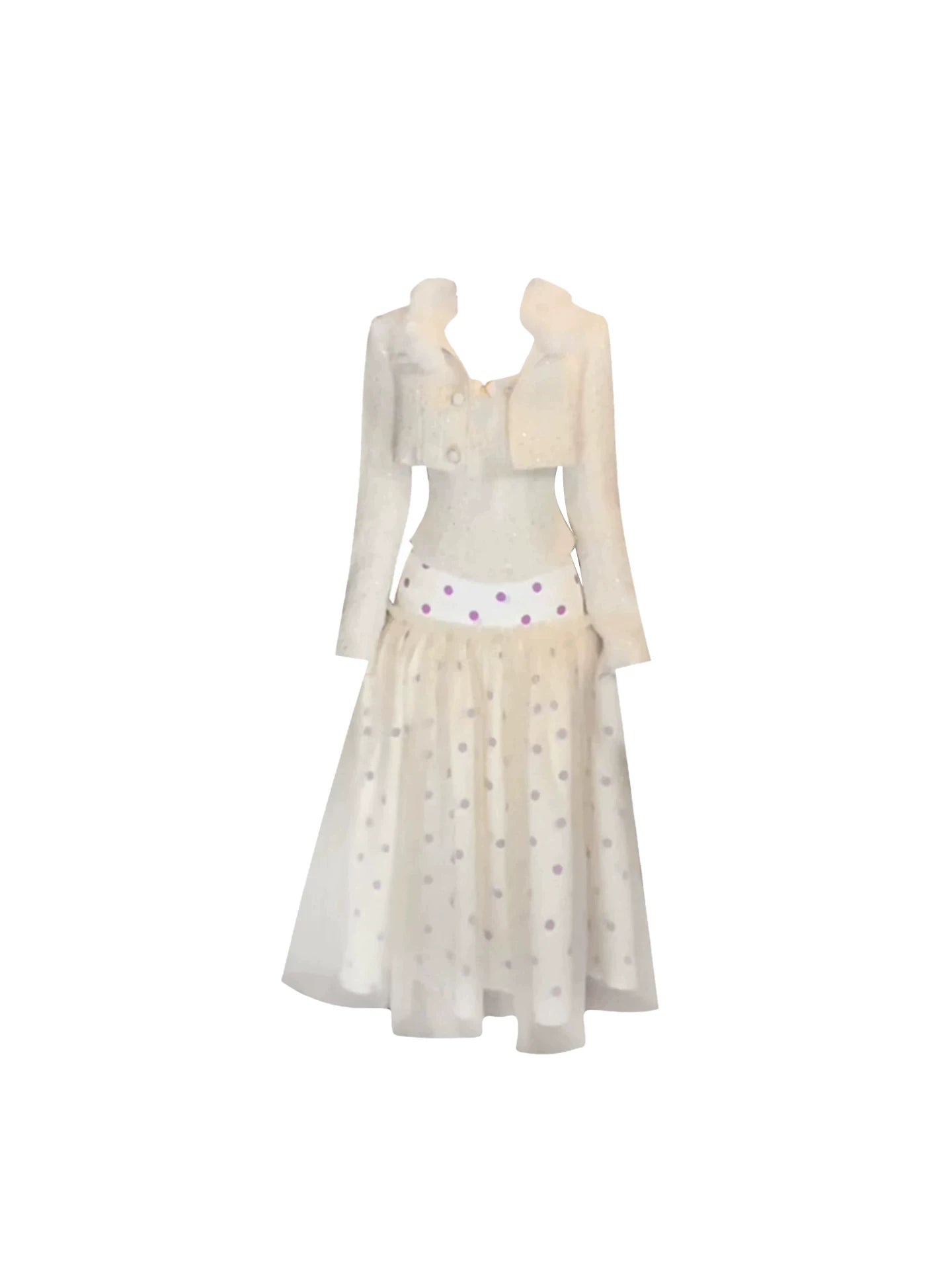 Enchanting Long Sleeves Sequin Blazer A-Line Maxi Dress Stylish Beige Three-Piece Set Camisole Tulle Polka Dot Print Long Dress AP5576