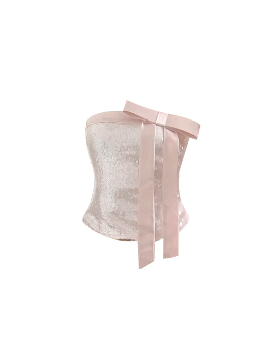 Enticing Strapless Satin Bow Top & Sheath Ruched Mini Skirt Trendy Light Pink Sequin Two-Piece Set Short Dress AP5583