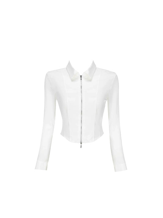 Fresh Zip-Front Collared Top & Plaid Pleated Mini Skirt Stylish White & Black Long Sleeve Two-Piece A-Line Short Dress AP5587