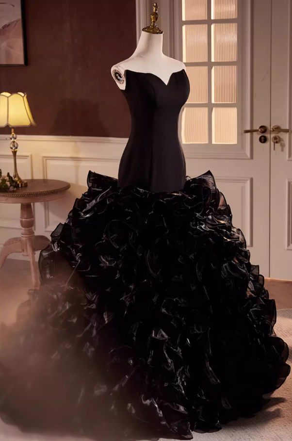 Romantic Strapless Long Evening Mermaid Dress Ruffles Tulle Black Prom Dress AP5594