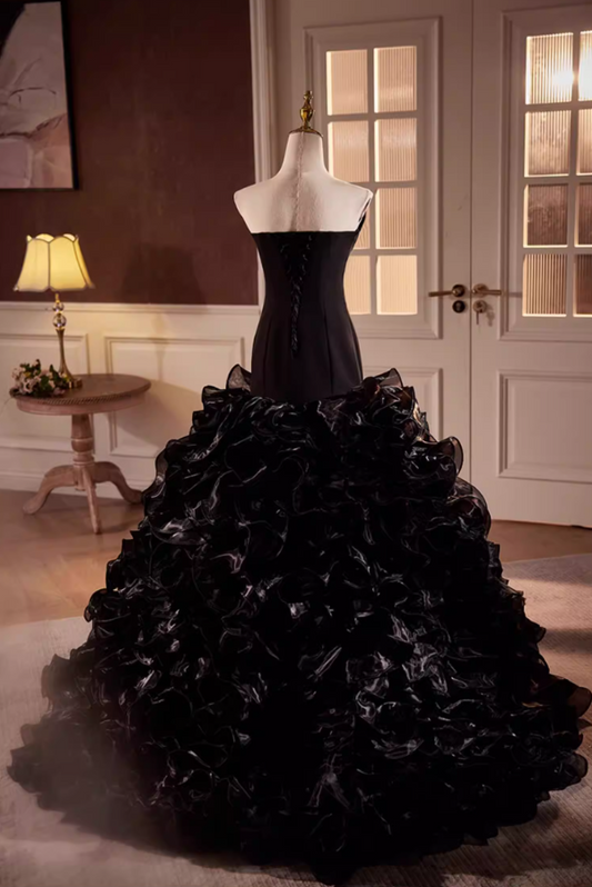 Romantic Strapless Long Evening Mermaid Dress Ruffles Tulle Black Prom Dress AP5594