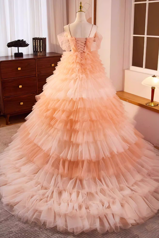 Fabulous A-Line Beaded Spaghetti Strap Evening Gowns Handmade Flowers Tiered Ombre Tulle Prom Dress AP5596