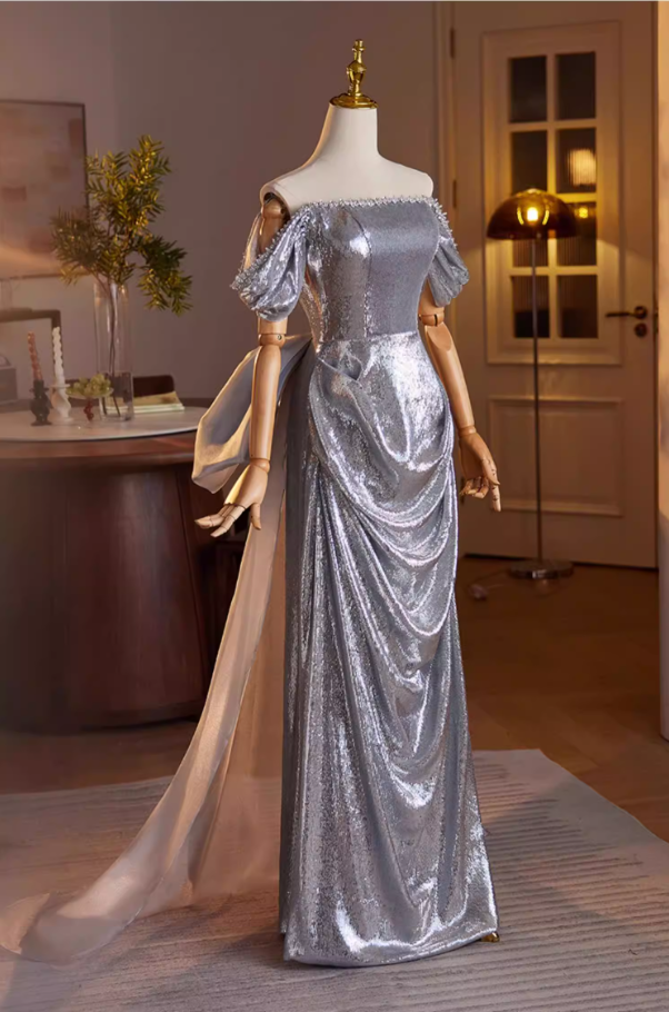 Graceful Sheath Beading Off-Shoulder Draped Sweet 16th Dresses Bow Train Silver Sequins Prom Dress AP5600
