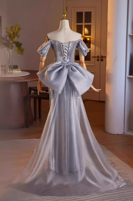 Graceful Sheath Beading Off-Shoulder Draped Sweet 16th Dresses Bow Train Silver Sequins Prom Dress AP5600