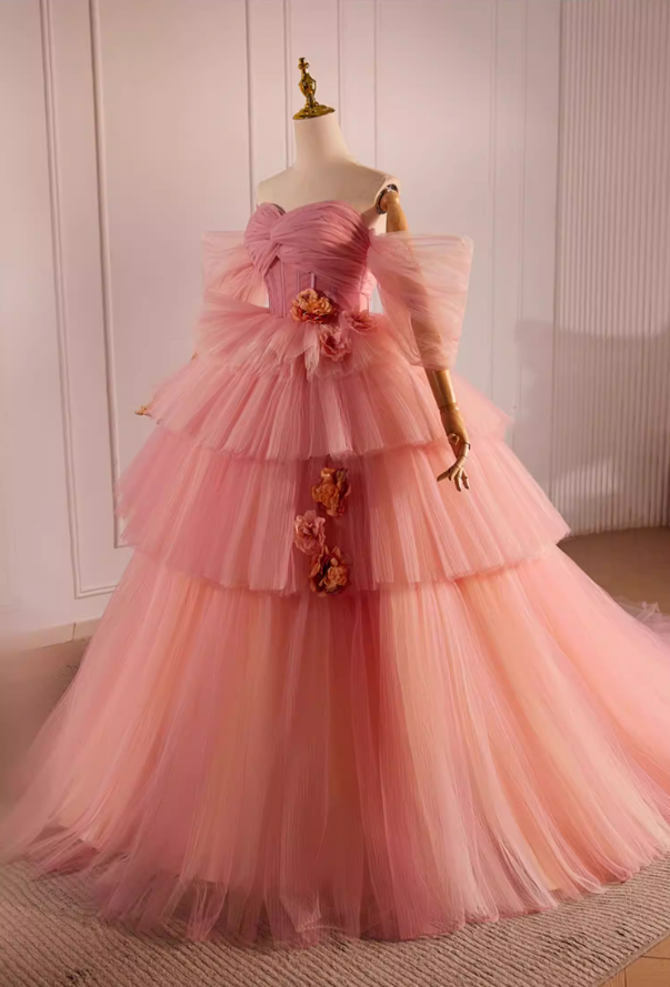 Fantastic A-Line Off-Shoulder Pink Tiered Tulle Sweet 16th Dresses Handmade Flowers Prom Dress AP5603