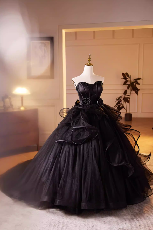 Voluminous Strapless A-Line Ruffles Black Tulle Sweet 16th Gowns Beads Handmade Flowers Prom Dress AP5604