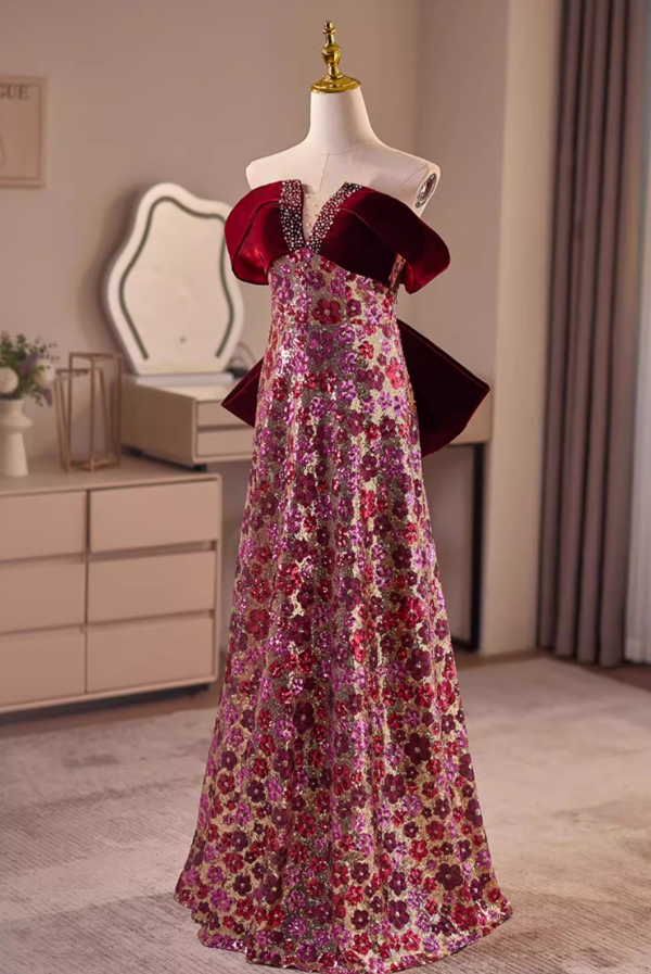 Vintage A-Line Off-Shoulder Sweet 16th Dresses Bow Beading Floral Sequins Prom Dress AP5609