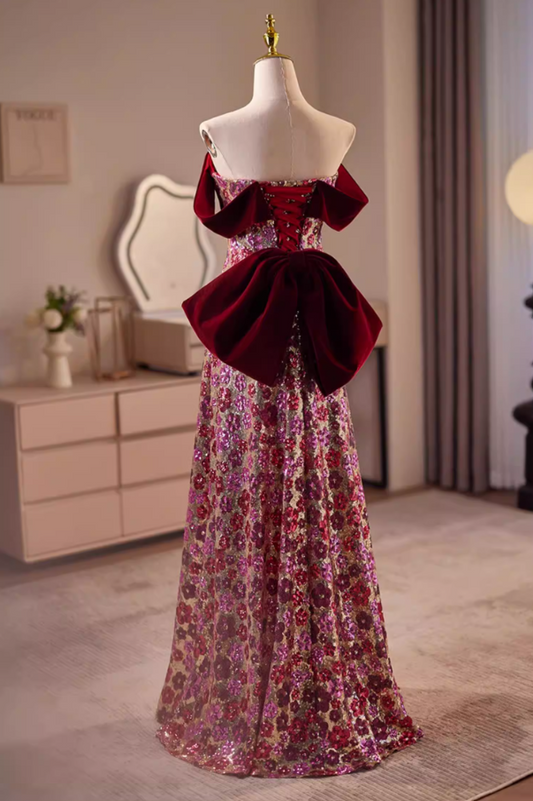 Vintage A-Line Off-Shoulder Sweet 16th Dresses Bow Beading Floral Sequins Prom Dress AP5609