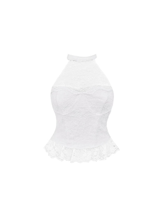 Sheen A-Line Fitted Top & Ruffled Mini Skirt Chic Lace Two-Piece Halter Short Dress AP5613