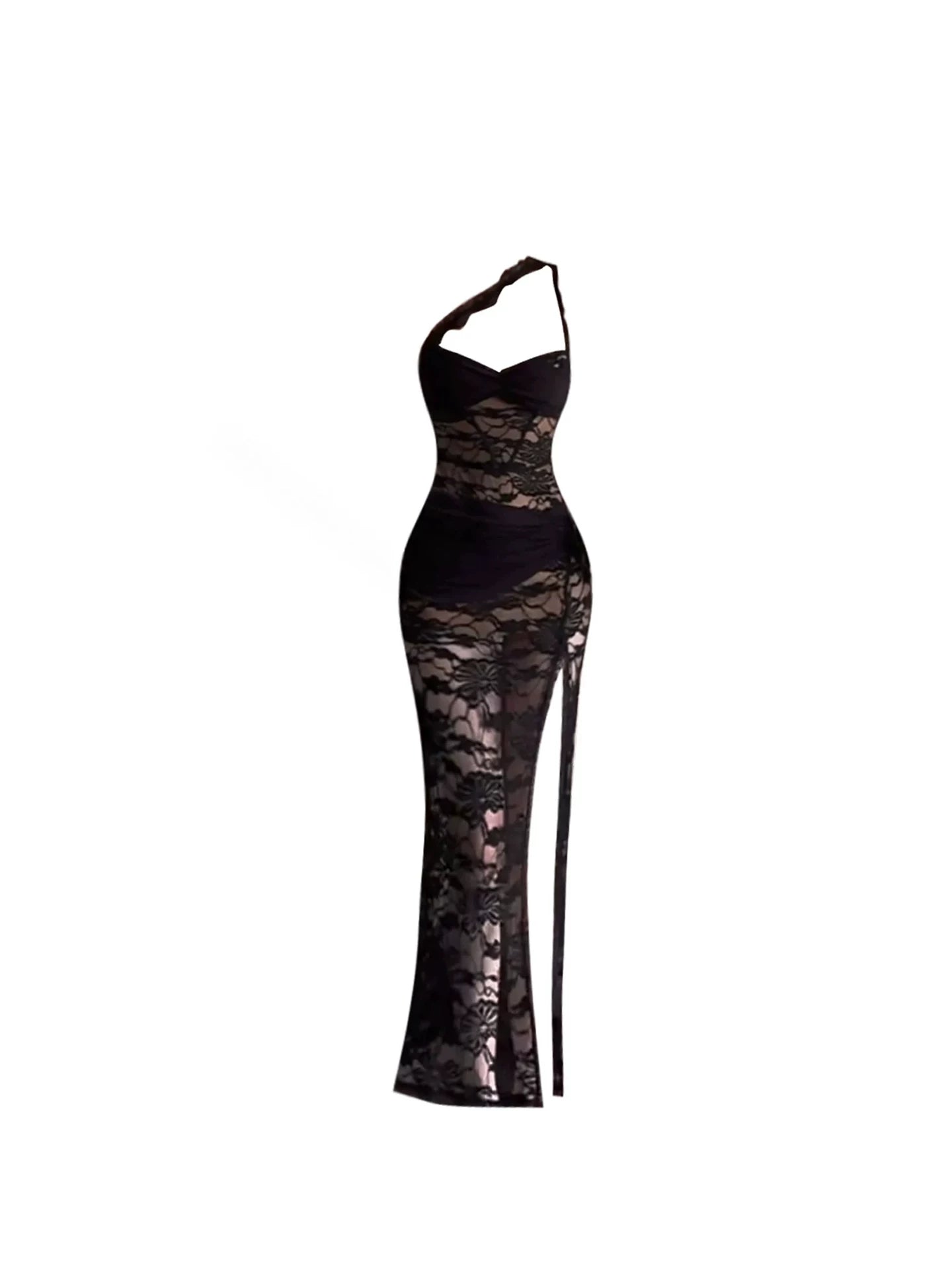 Playful Lace Sheer Detail Sheath Maxi Dresses Sexy Black One-Shoulder High Slit Long Dress AP5630