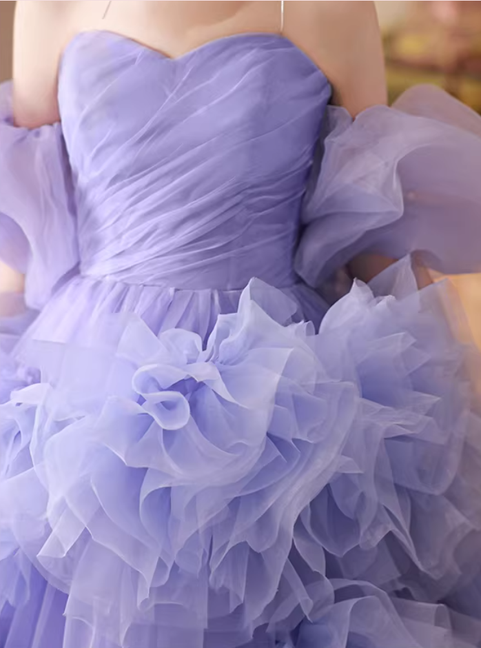 Adorable A-Line Off-Shoulder Purple Evening Dresses Handmade Flowers Ruffles Tulle Prom Dress AP5633