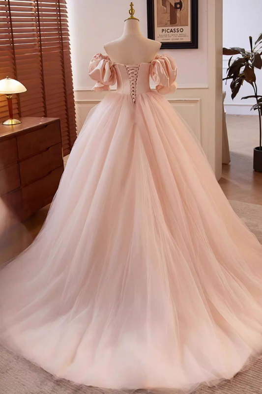 Playful A-Line Off-Shoulder Evening Dresses Puff Sleeve Beads Layered Tulle Prom Dress AP5635