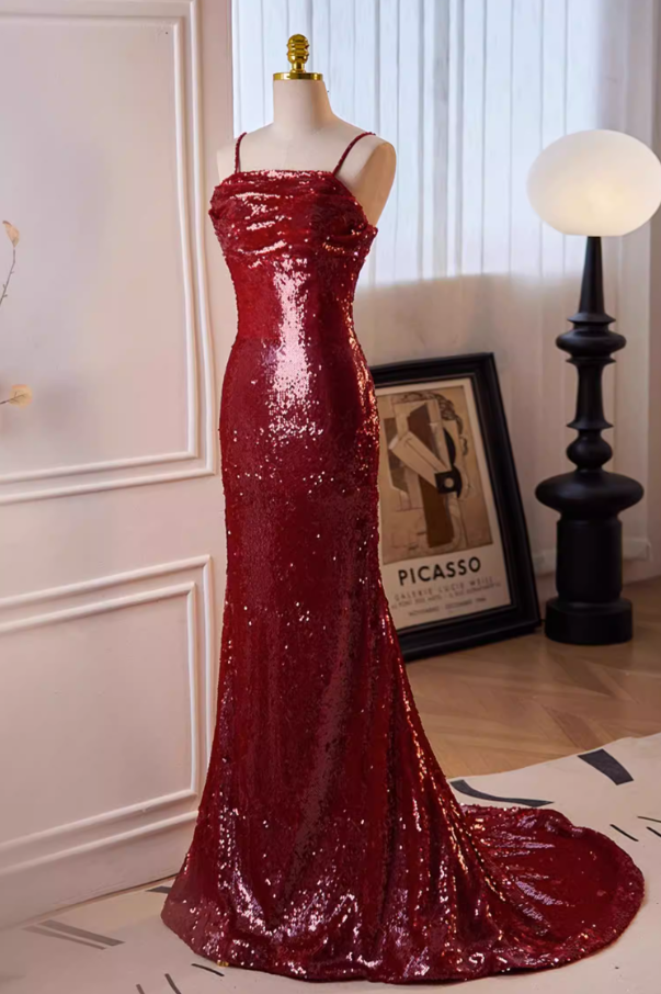 Glittering Spaghetti Straps Mermaid Evening Dresses Red Sequins Prom Dress AP5645