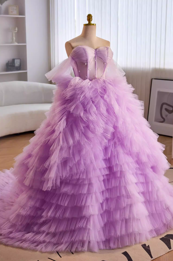 Pretty A-Line Off-Shoulder Tiered Tulle Evening Gowns Beads Purple Prom Dress AP5647