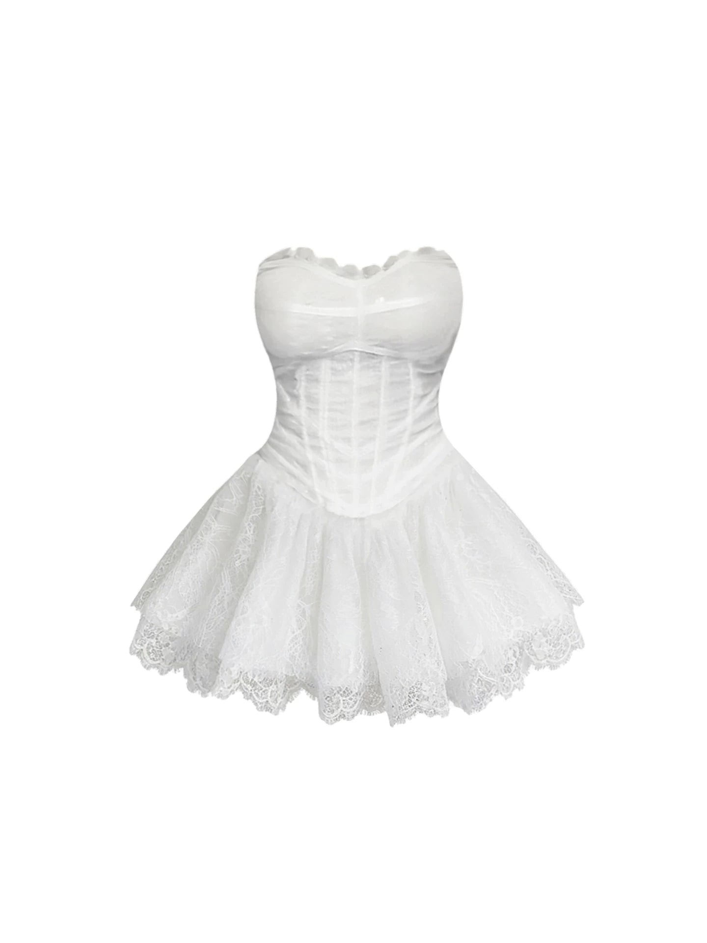 Superb Lace-Trimmed Tulle A-Line Mini Skirt Chic Ruffled Bust White Strapless Corset Short Dress AP5668