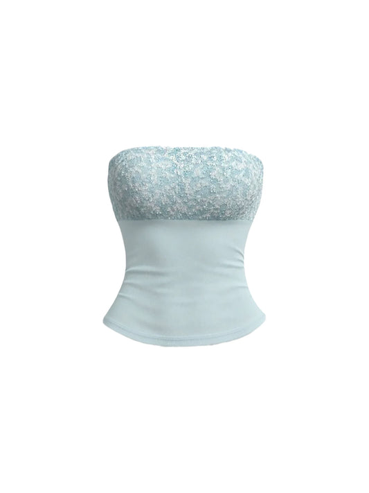 Wonderful Textured Sequin Top Slim-Fit Waist Mini Skirt Trendy Light Blue Strapless Two-Piece Bodycon Short Dress AP5669