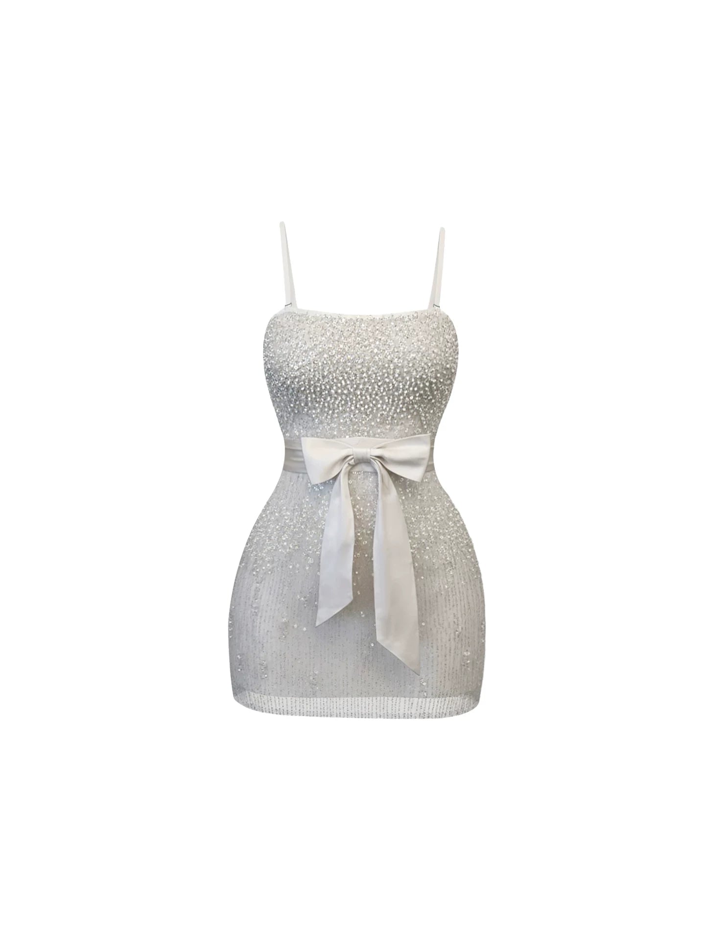 Amazing Square Neck Satin Bow Waist Bodycon Mini Skirt Elegant Silver Spaghetti Strap Beaded Slim-Fit Short Dress AP5670