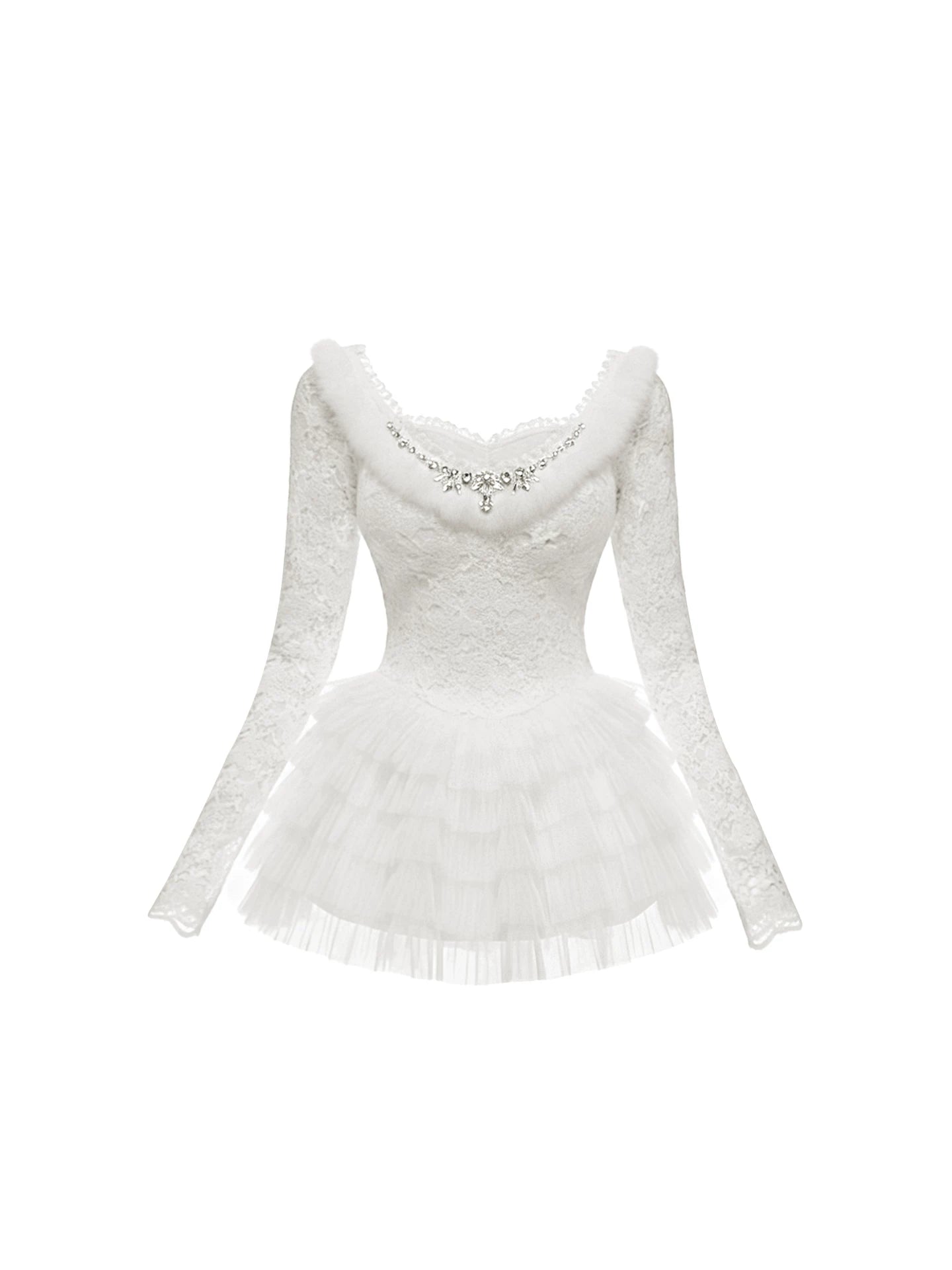 Appealing White Lace Square Neck Long Sleeves Mini Skirt Charming 2-Piece Crystal-Embellished Top Tiered Tulle A-Line Short Dress AP5671