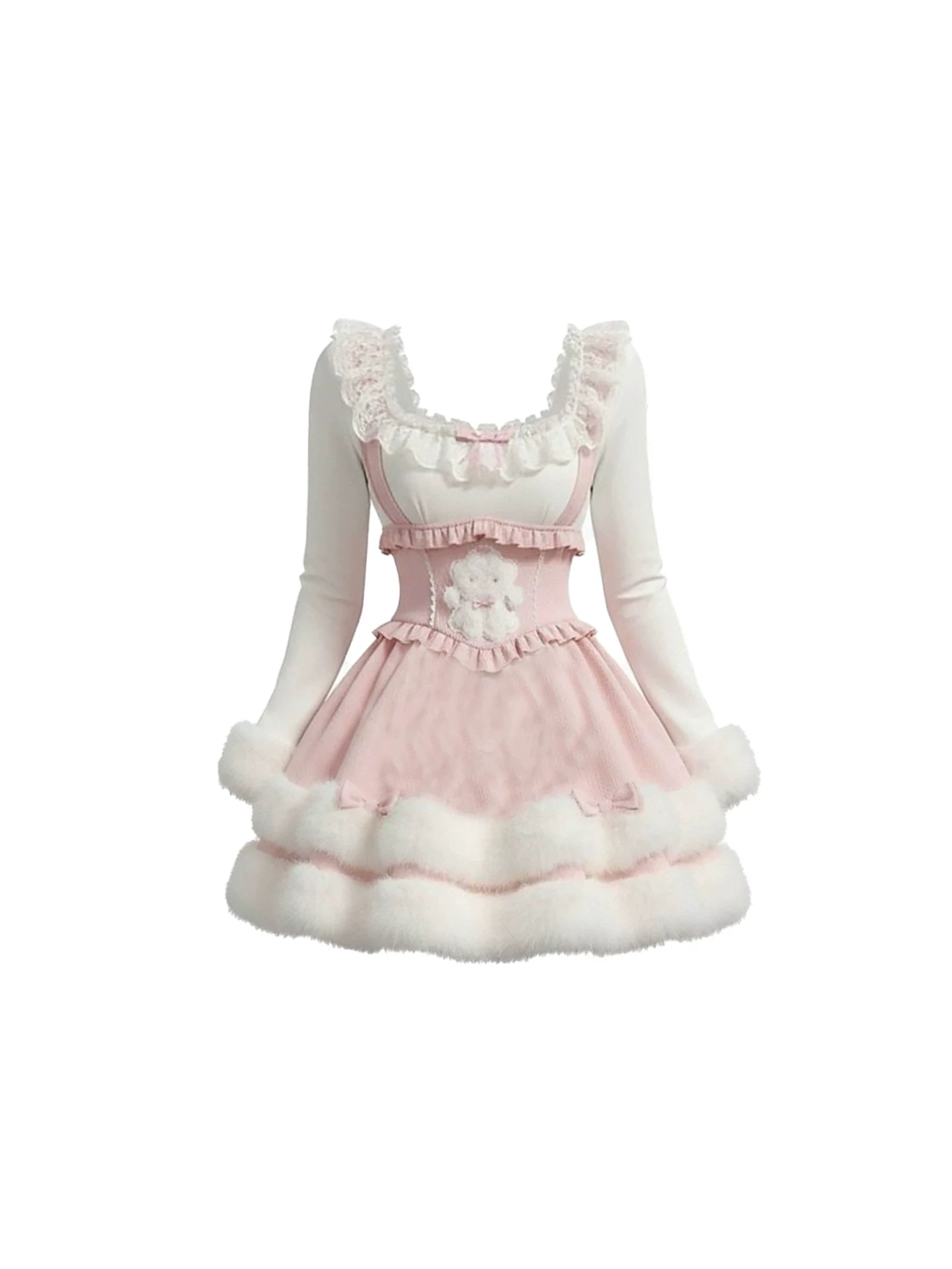 Fascinating Lace Ruffles Blouse Long Sleeves 2-Piece Mini Skirt Pink & White Lolita-Style Faux Fur Trim A-Line Short Dress AP5672