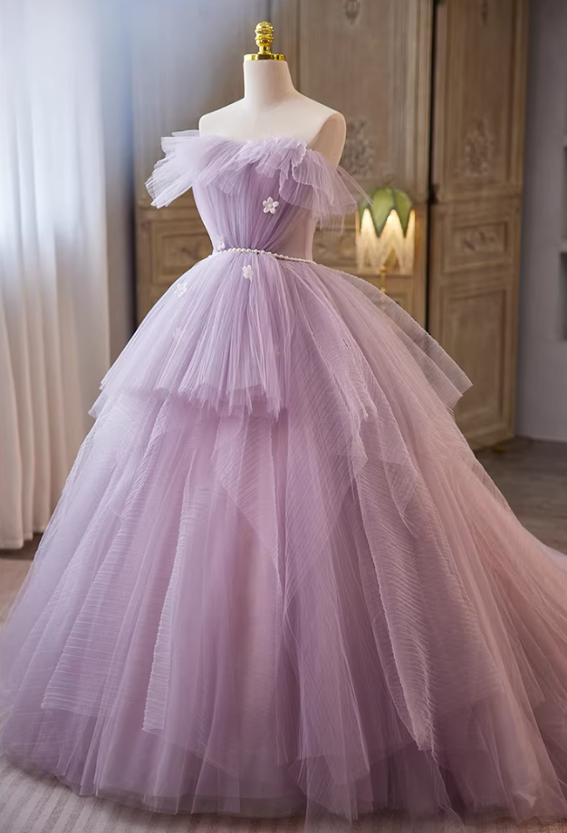 Classical Strapless A-Line Sweet 16th Gowns Appliques Pearls Layered Tulle Prom Dress AP5691