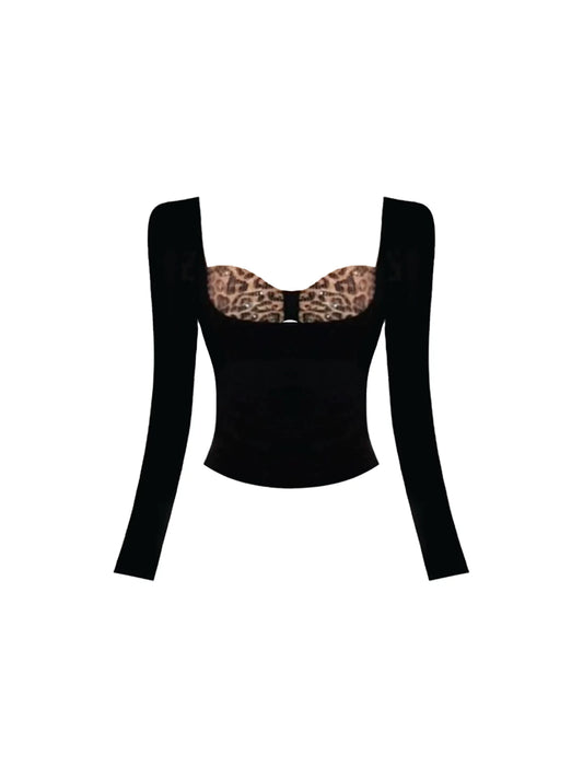 Sheen Black Long-Sleeve Sweetheart Neck Two-Piece Set Mini Skirt Charming Leopard Cutout Bust Sequin Leopard Bodycon Short Dress AP5697