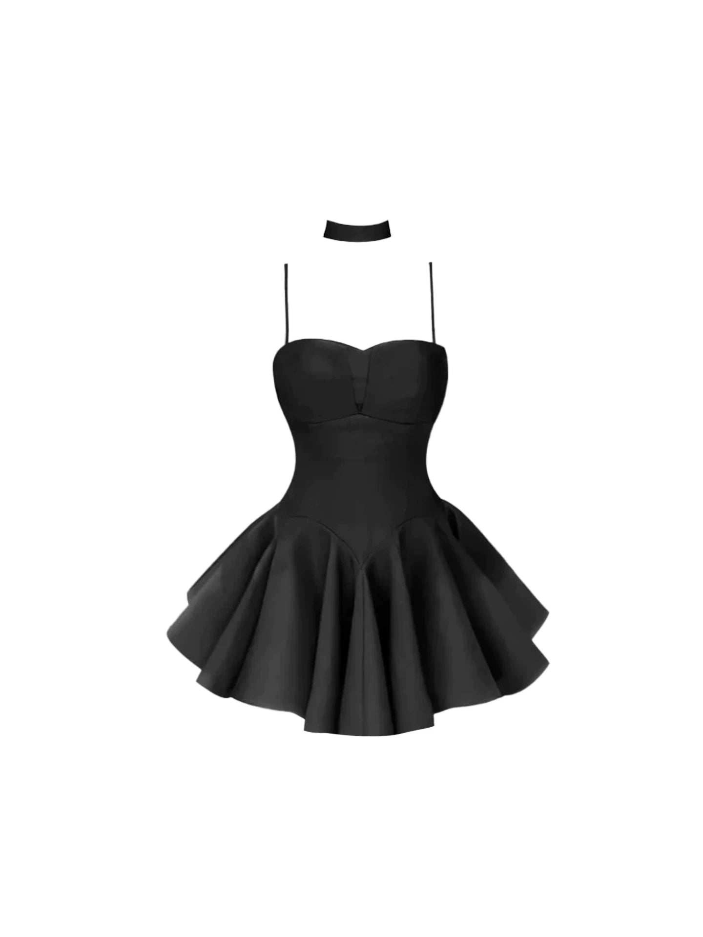 Gorgeous Black Spaghetti Strap A-Line Mini Skirt With Choker Sweet Heart Bust Fitted Waist Fluffy Short Dress AP5699