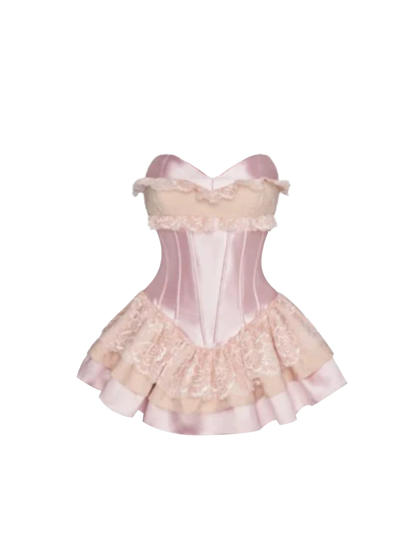 Glam Ruffled Lace Trim A-Line Mini Skirt Cute Blush Pink Strapless Corset Satin Tiered Fluffy Short Dress AP5700