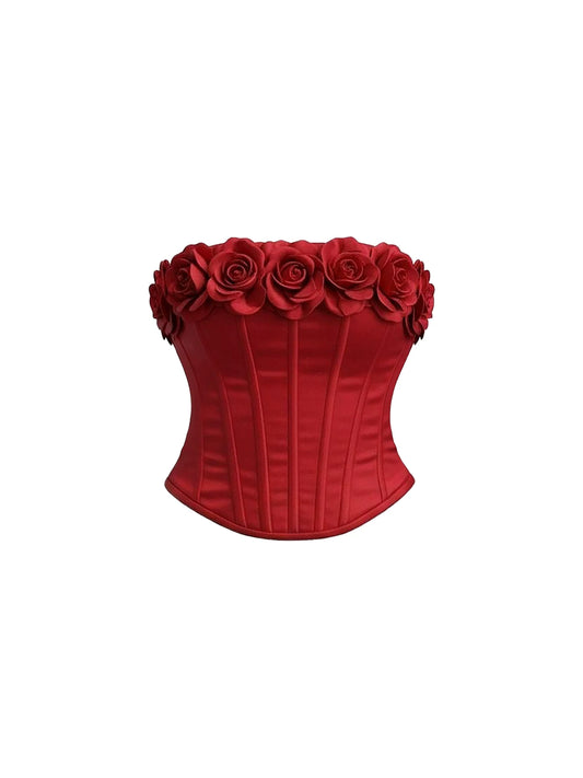 Fashionable Burgundy Strapless Two-Piece Fitted Mini Skirt Vibrant 3D Rose Trim Corset Top Bodycon Short Dress AP5707