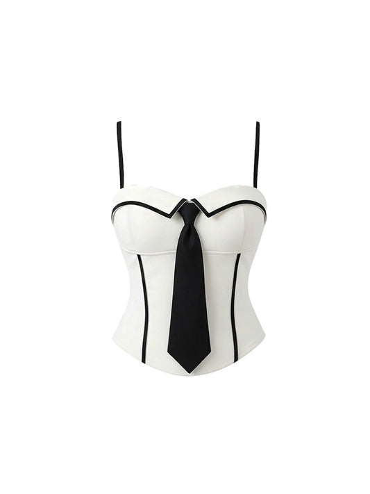 Simple White & Black Spaghetti Strap Two-Piece Bodycon Mini Skirt Chic Heart Bust Black Tie Corset Top Fitted Short Dress AP5710
