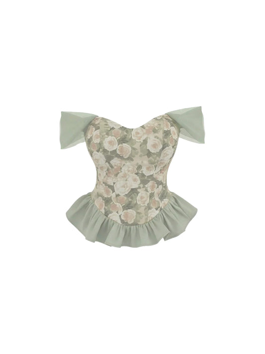 Charming Floral Print Corset Top Chiffon Off-Shoulder Mini Skirt Vibrant Mint Green Two-Piece Heart Bust Ruffled Hem Short Dress AP5711