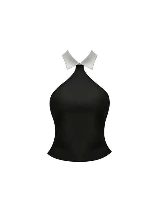 Flowy Black & White Halter Two-Piece A-Line Mini Skirt Y2K White Collar Accent Top Black Faux Leather Tiered Ruffled Short Dress AP5713
