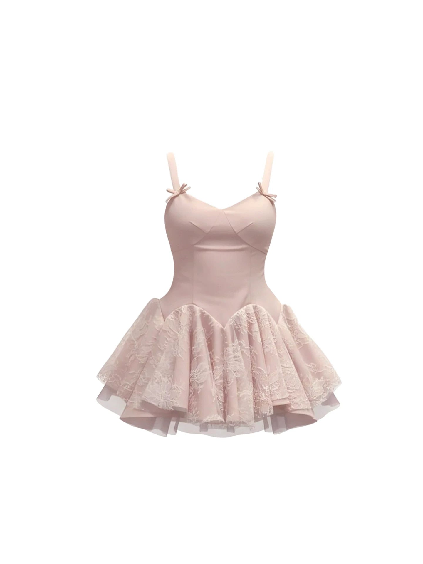 Fitted Heart Bust Bow-Accented A-line Mini Skirt Sweet Pale Pink Spaghetti Strap Bodice Lace Tulle Flared Short Dress AP5717