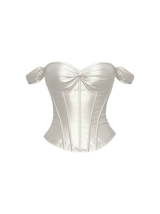 Trendy Off-Shoulder Metallic Corset Two-Piece Sheath Maxi Dresses Elegant Heart Bust Bow Accent White Satin Ruched Long Dress AP5719