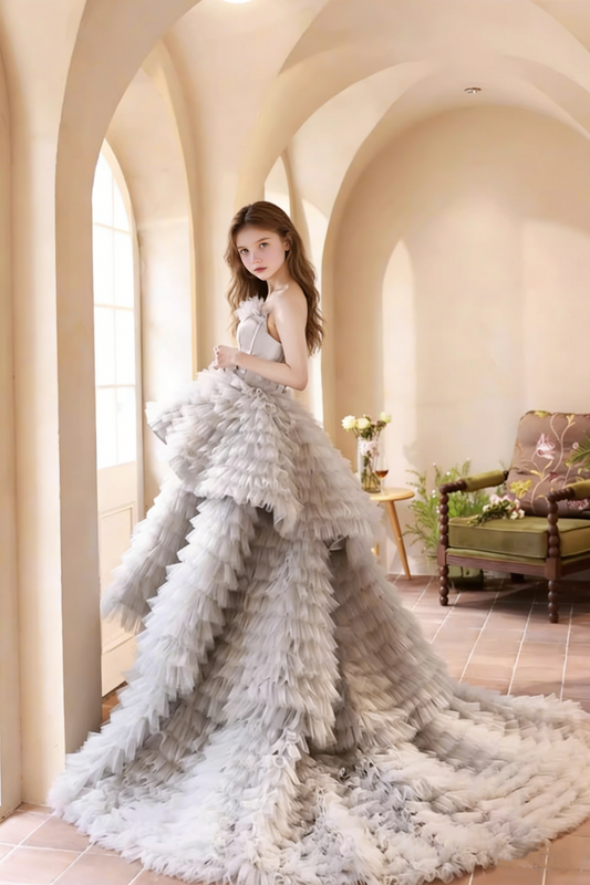 Attractive Strapless A-Line Tiered Sweet 16th Gowns Ruffles Tulle Prom Dress AP5720