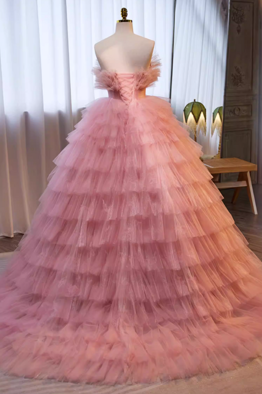Dramatic Strapless A-Line Pink Sweet 16th Gowns Tiered Tulle Appliques Beads Prom Dress AP5721