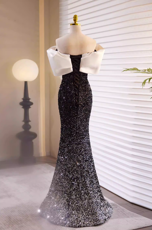 Sexy Off-Shoulder Mermaid Sweet 16th Dresses Black Sequins Prom Dress AP5724