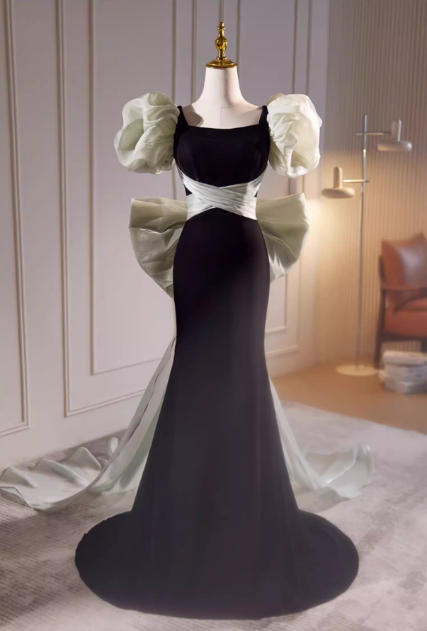 Vogue Square Neck Puff Short Sleeve Mermaid Evening Dresses Bow Train Black Velvet Prom Dress AP5725