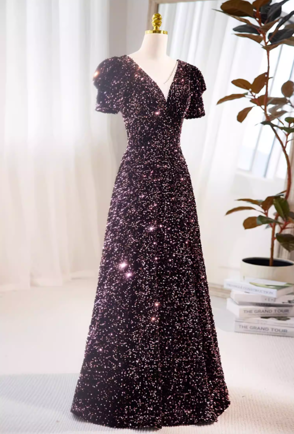 Princess V Neck A-Line Sweet 16th Gowns Short Sleeve Sequisn Prom Dress AP5728