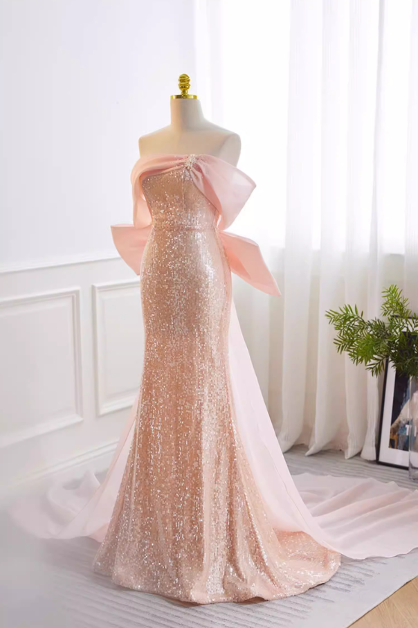 Delicate Off-Shoulder Pink Mermaid Sweet 16th Dresses Bow Train Beads Sequins Prom Dress AP5731
