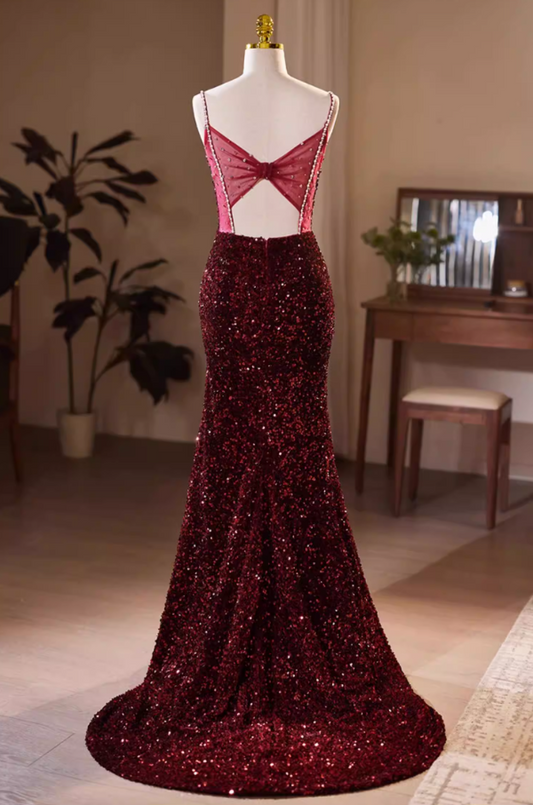 Hot Girls Spaghetti Straps High-Slit Mermaid Evening Dresses Sequins Beading Prom Dress AP5732