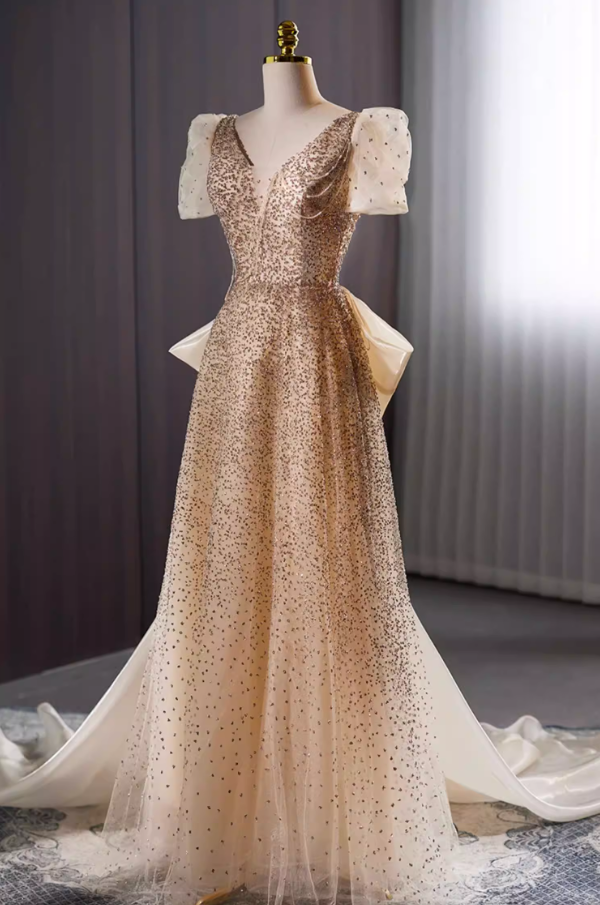 Casual V Neck A-Line Sweet 16th Gowns Short Sleeve Beading Sequins Bow Train Prom Dress AP5735